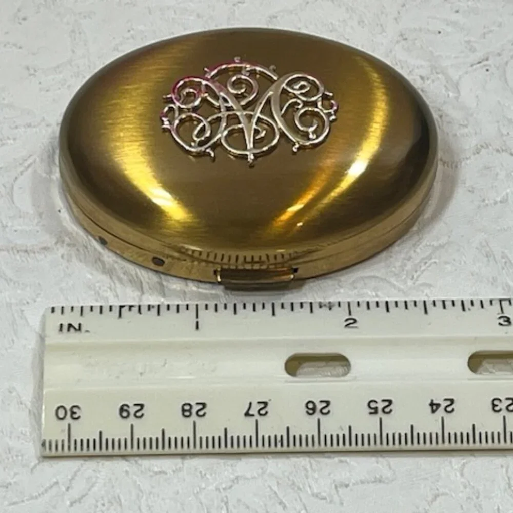 VTG Gold Tone Brass Monogramed Germaine Monteil Oval Powder Compact 2.5